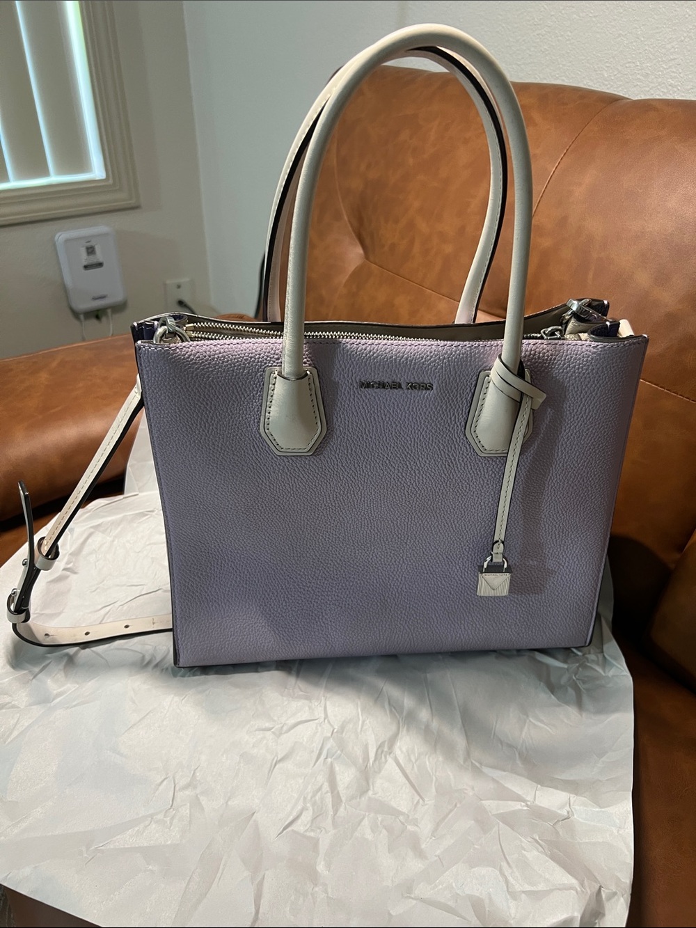 Michael Kors Lavender Satchel with Cream Trim and Strap